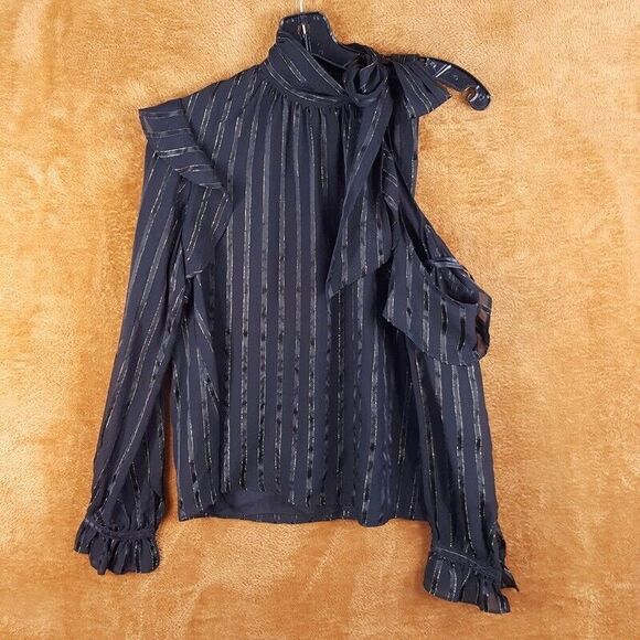 INTERMIX Womens Top Size 0 Black One Shoulder Tie Neck Stripe Bow Silk 4 DAWN - Picture 3 of 9